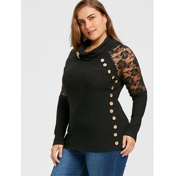 Plus Size Lace Shoulder Button Embellished Sweater - Picture 3 of 8